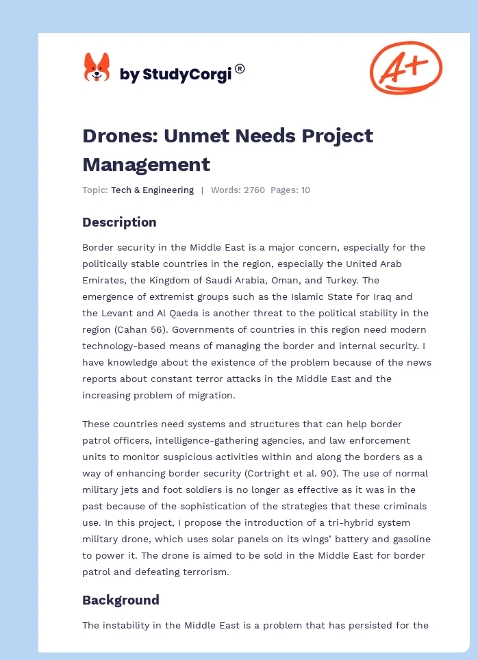 Drones: Unmet Needs Project Management. Page 1