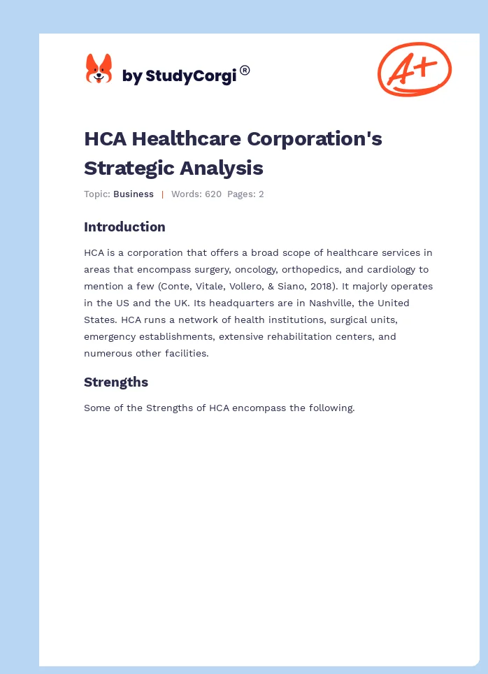 HCA Healthcare Corporation's Strategic Analysis. Page 1