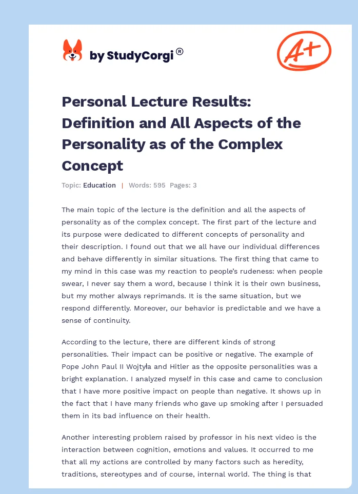 Personal Lecture Results: Definition and All Aspects of the Personality as of the Complex Concept. Page 1