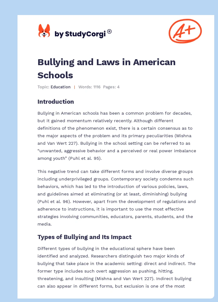 Bullying and Laws in American Schools. Page 1