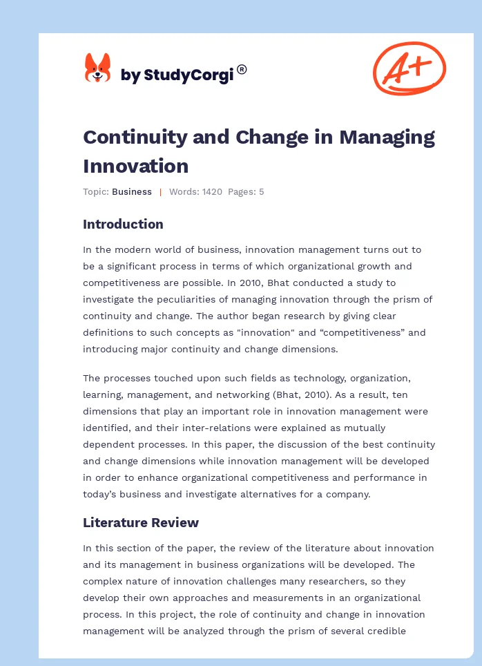 Continuity and Change in Managing Innovation. Page 1