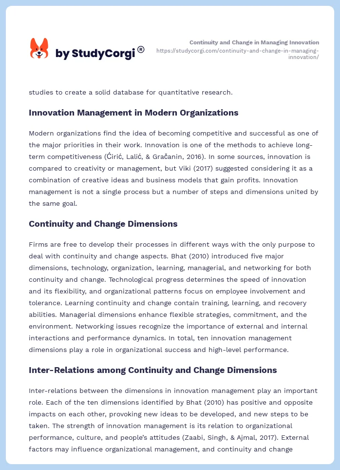 Continuity and Change in Managing Innovation. Page 2
