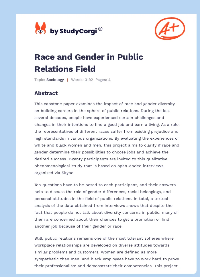 Race and Gender in Public Relations Field. Page 1