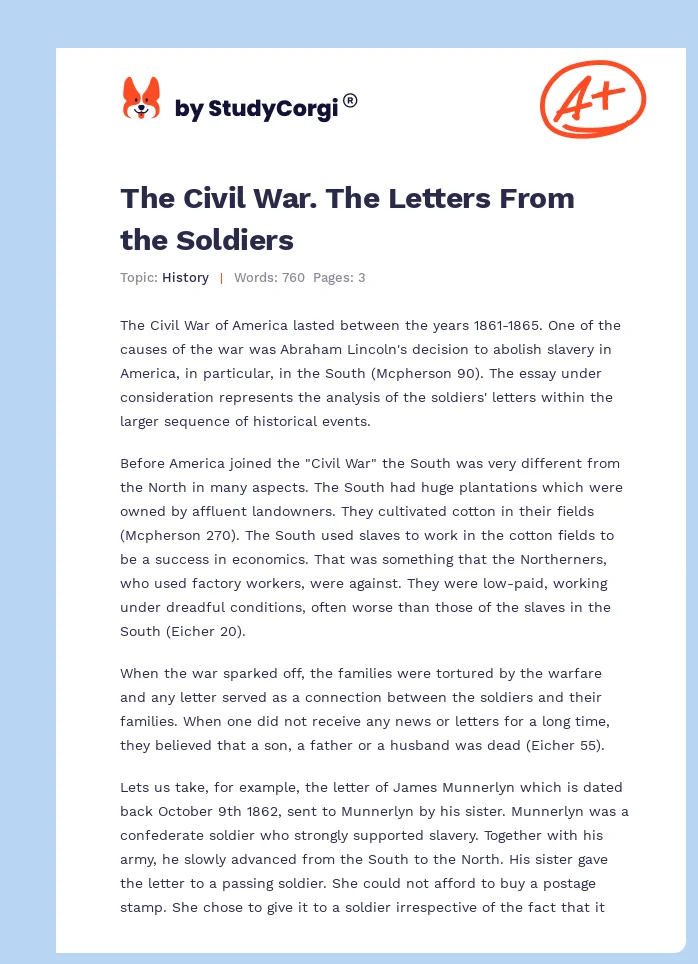 The Civil War. The Letters From the Soldiers. Page 1