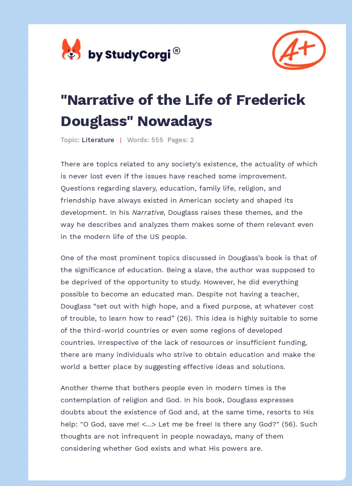 "Narrative of the Life of Frederick Douglass" Nowadays. Page 1