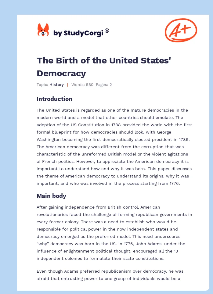 The Birth of the United States' Democracy. Page 1