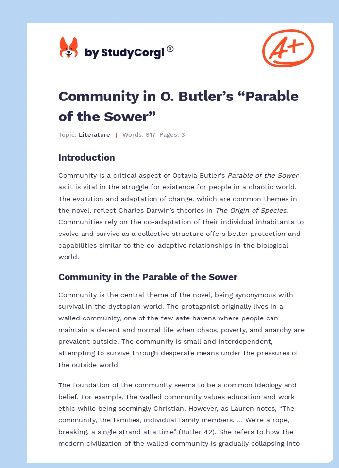 Community in O. Butler’s “Parable of the Sower”. Page 1