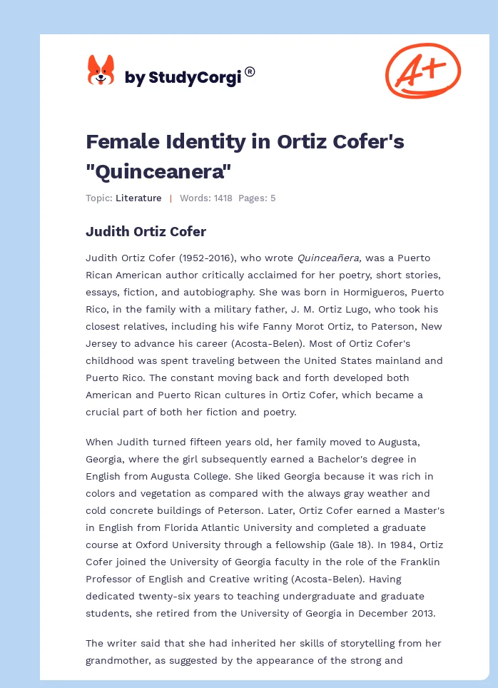 Female Identity in Ortiz Cofer's "Quinceanera". Page 1