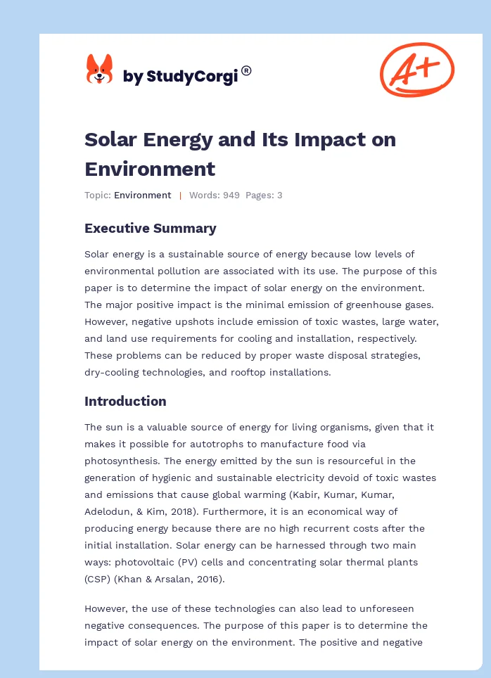 Solar Energy and Its Impact on Environment. Page 1