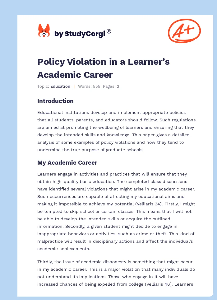 Policy Violation in a Learner’s Academic Career. Page 1