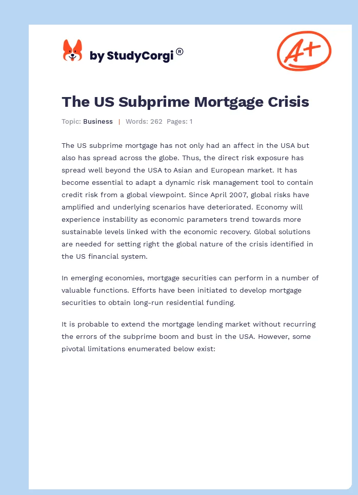 The US Subprime Mortgage Crisis. Page 1