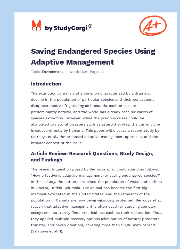 Saving Endangered Species Using Adaptive Management. Page 1