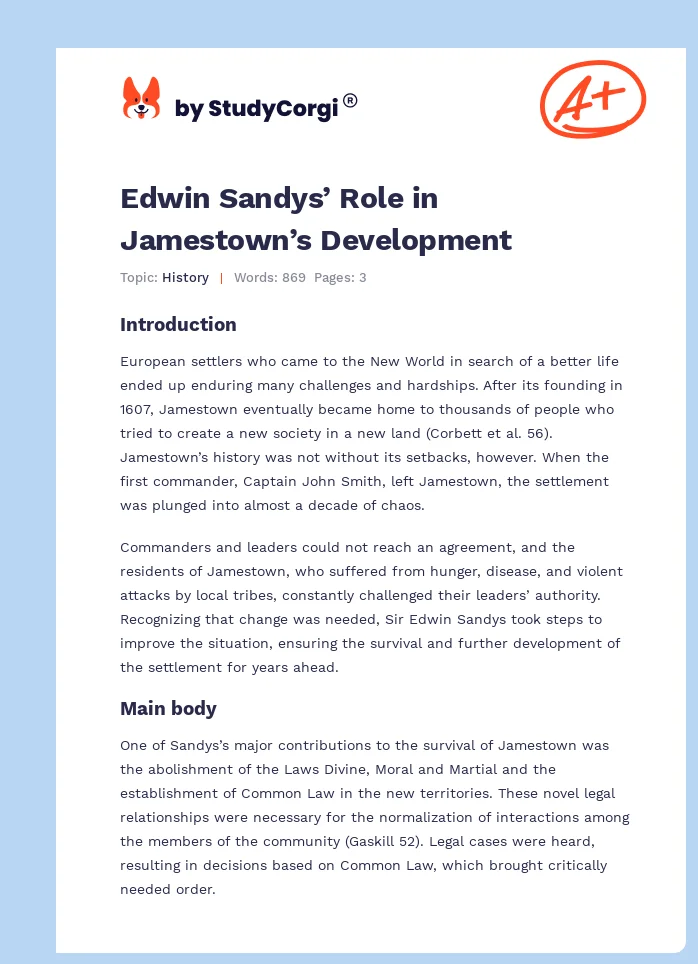 Edwin Sandys’ Role in Jamestown’s Development. Page 1