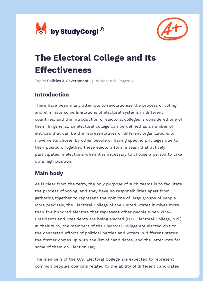 The Electoral College and Its Effectiveness. Page 1