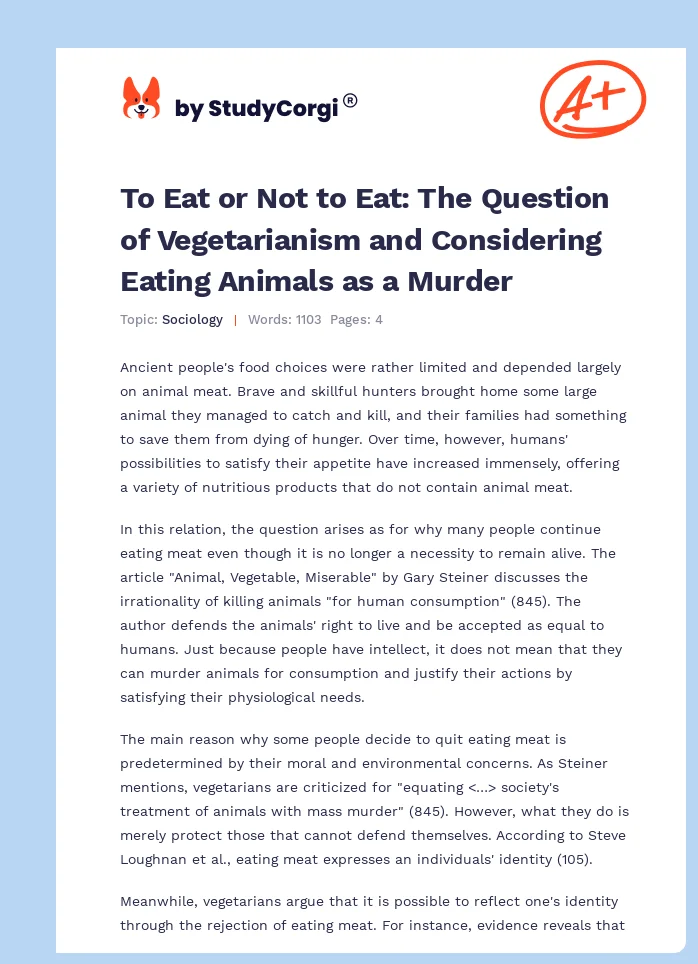 To Eat or Not to Eat: The Question of Vegetarianism and Considering Eating Animals as a Murder. Page 1