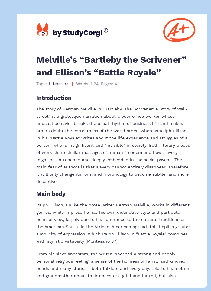 Melville’s “Bartleby the Scrivener” and Ellison’s “Battle Royale”. Page 1