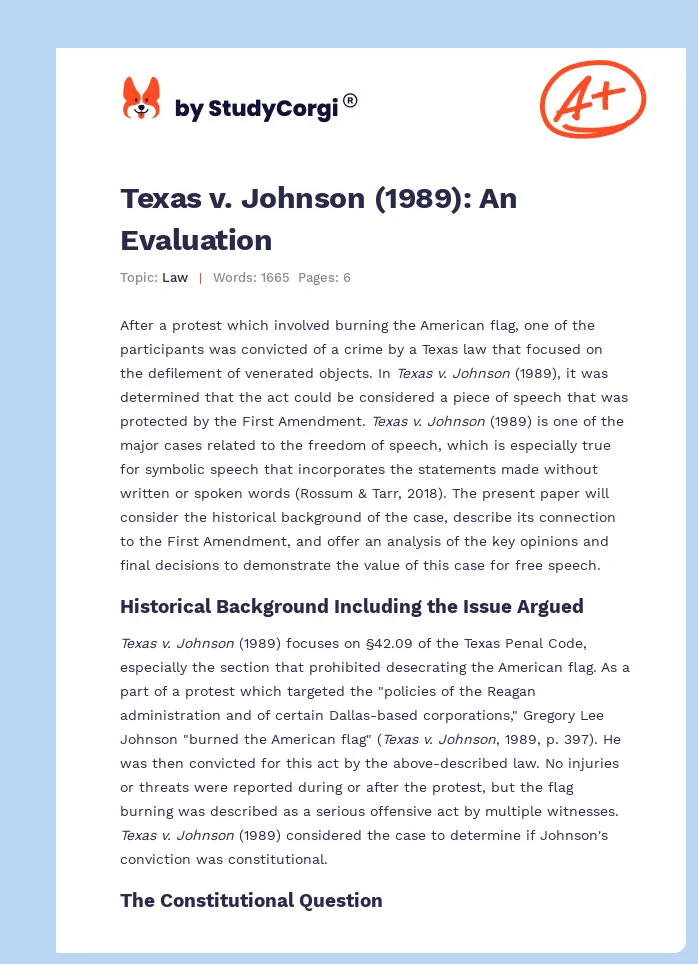Texas v. Johnson (1989): An Evaluation. Page 1