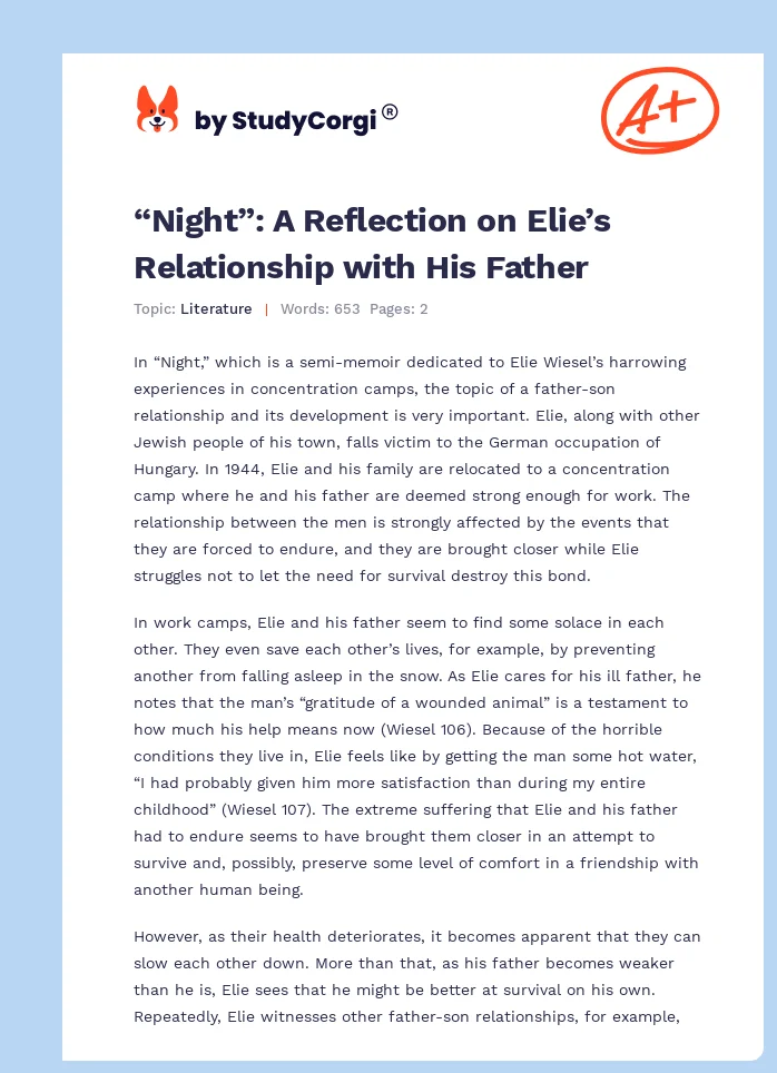 “Night”: A Reflection on Elie’s Relationship with His Father. Page 1