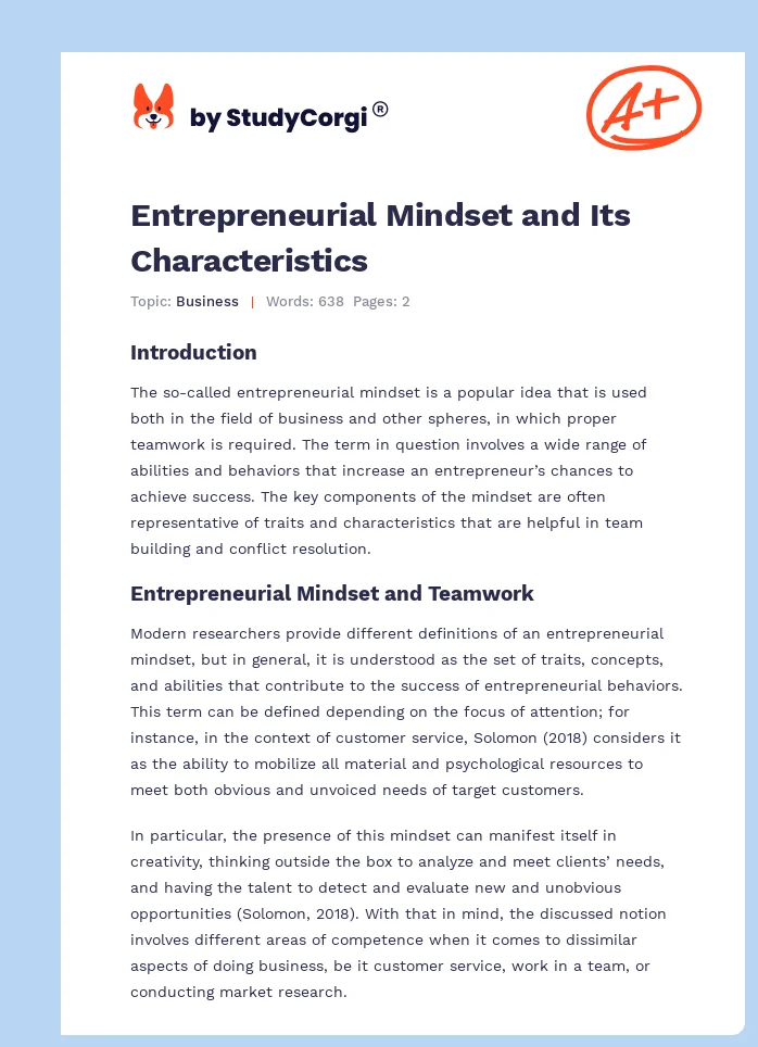 Entrepreneurial Mindset and Its Characteristics. Page 1