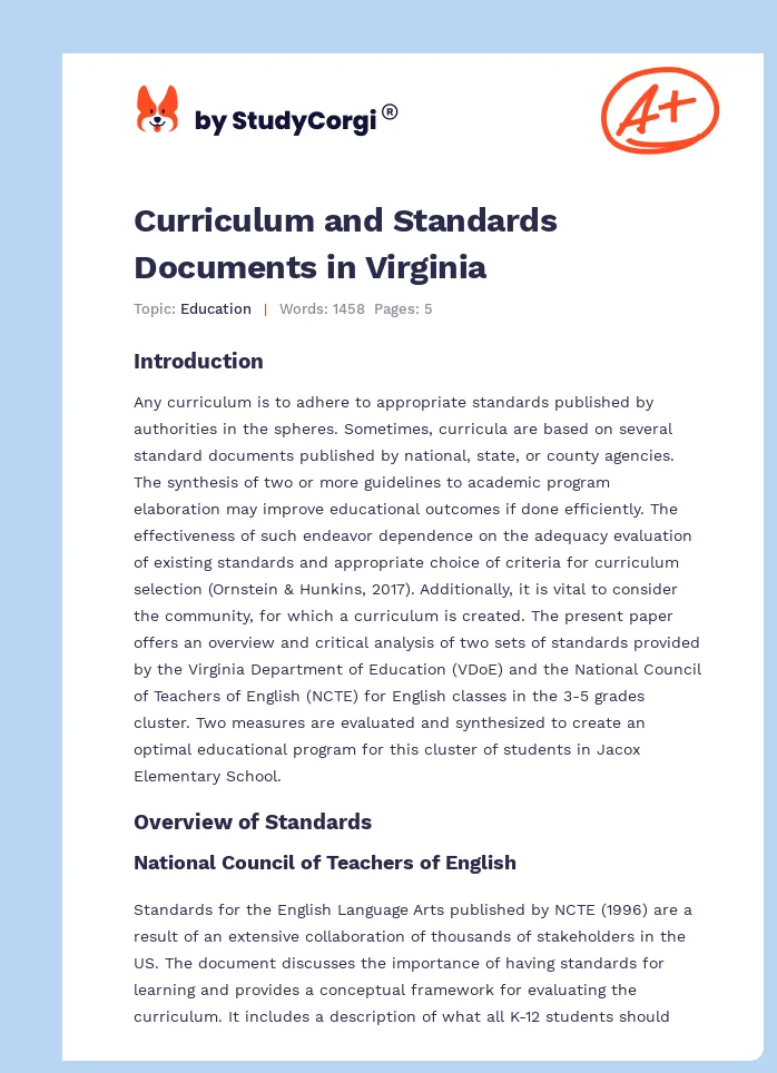 Curriculum and Standards Documents in Virginia. Page 1