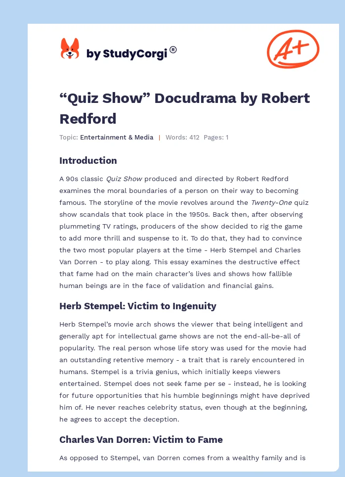 “Quiz Show” Docudrama by Robert Redford. Page 1