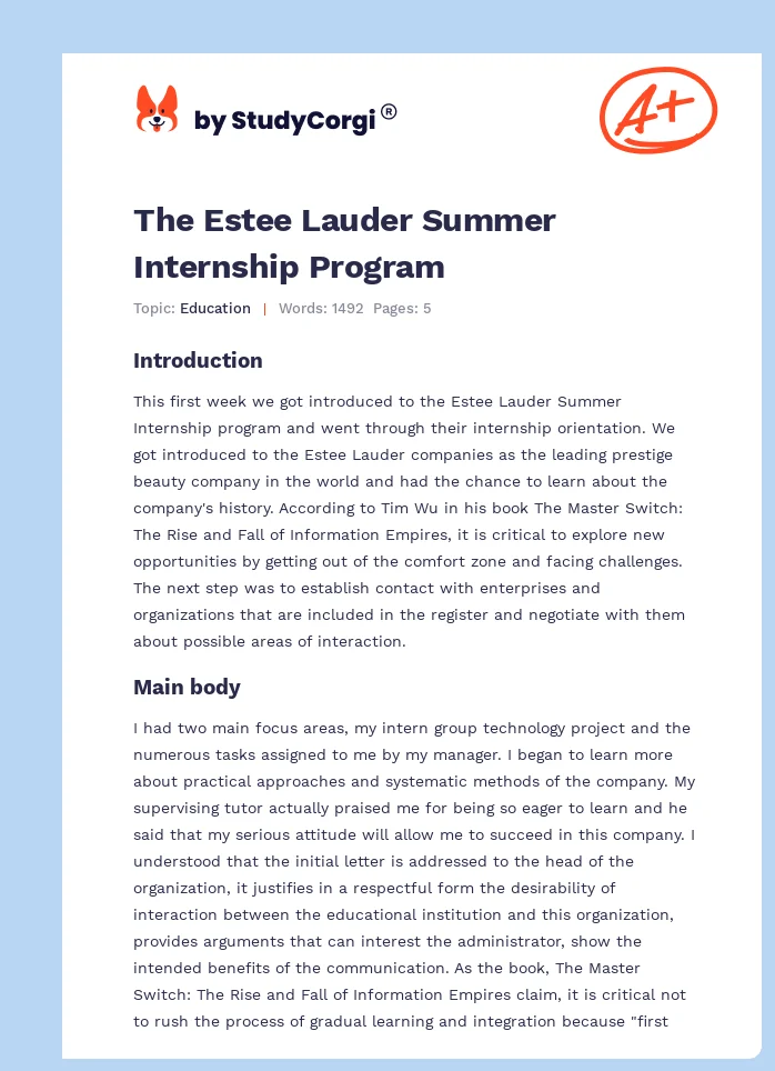 The Estee Lauder Summer Internship Program Free Essay Example
