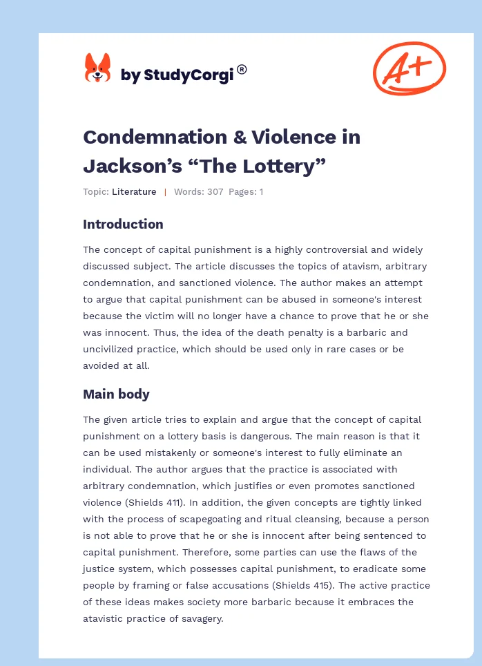 Condemnation & Violence in Jackson’s “The Lottery”. Page 1