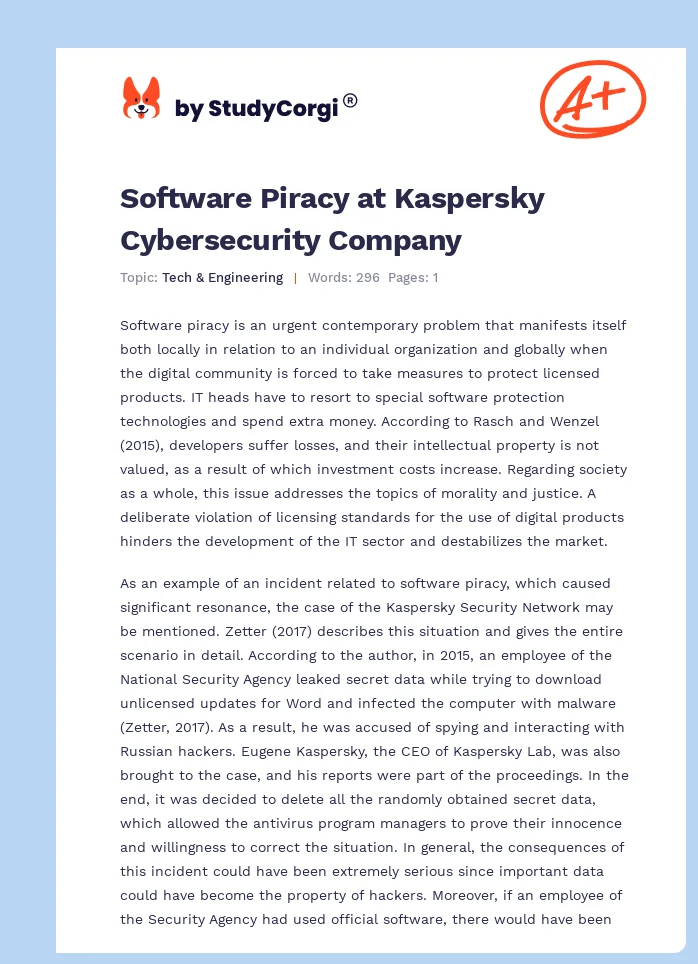 Software Piracy at Kaspersky Cybersecurity Company. Page 1