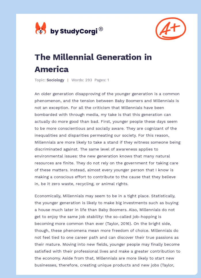 The Millennial Generation in America. Page 1