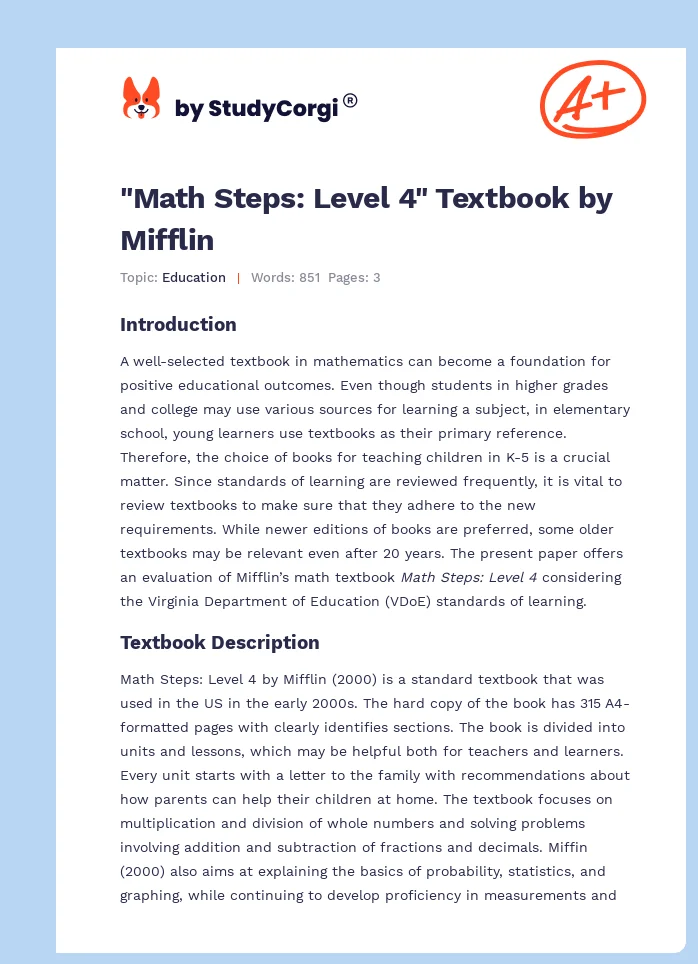 "Math Steps: Level 4" Textbook by Mifflin. Page 1