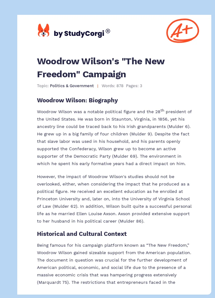 Woodrow Wilson's "The New Freedom" Campaign. Page 1
