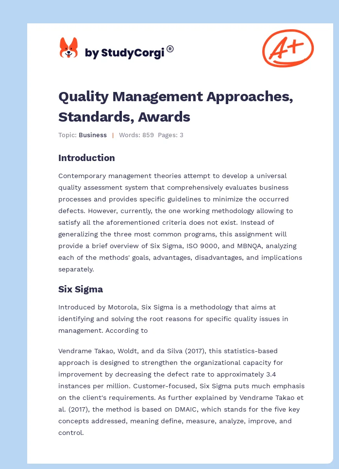 Quality Management Approaches, Standards, Awards. Page 1
