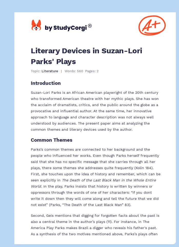 Literary Devices in Suzan-Lori Parks' Plays. Page 1