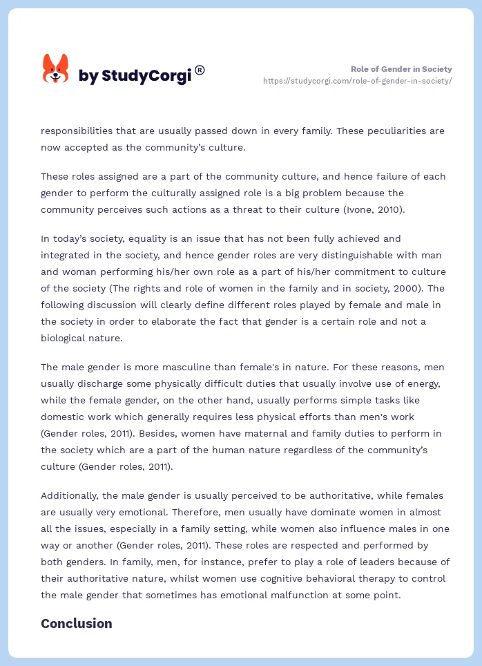 Role of Gender in Society. Page 2