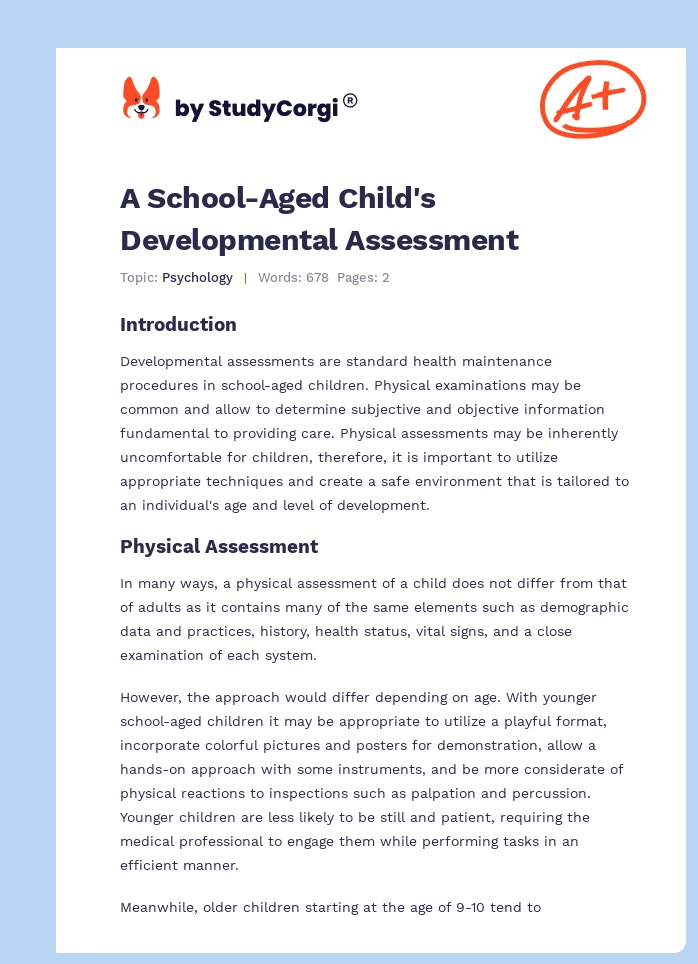 A School-Aged Child's Developmental Assessment. Page 1