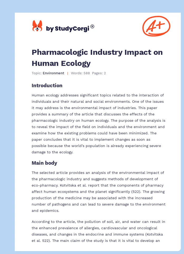 Pharmacologic Industry Impact on Human Ecology. Page 1