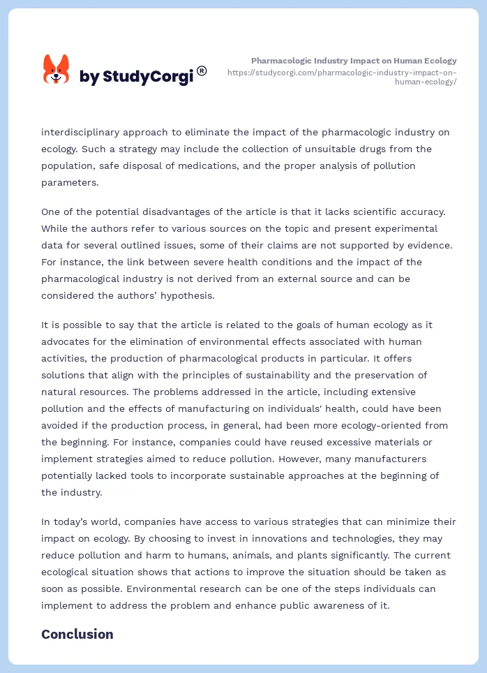 Pharmacologic Industry Impact on Human Ecology. Page 2