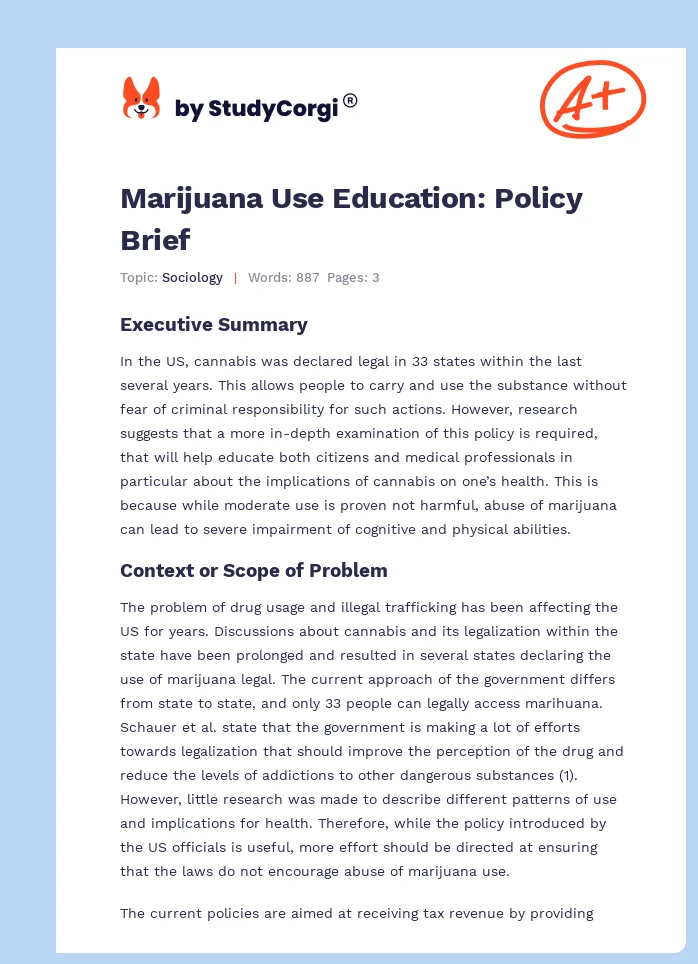 Marijuana Use Education: Policy Brief. Page 1