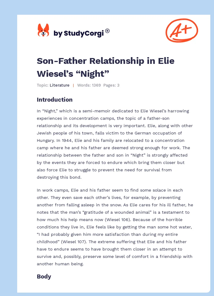 Son-Father Relationship in Elie Wiesel’s “Night”. Page 1