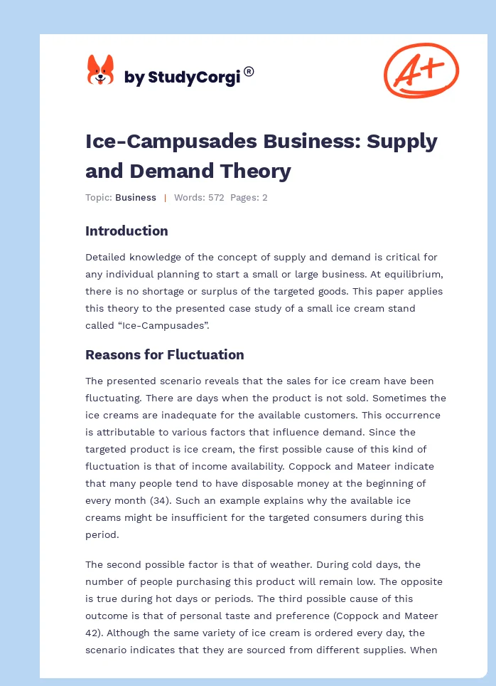 Ice-Campusades Business: Supply and Demand Theory. Page 1