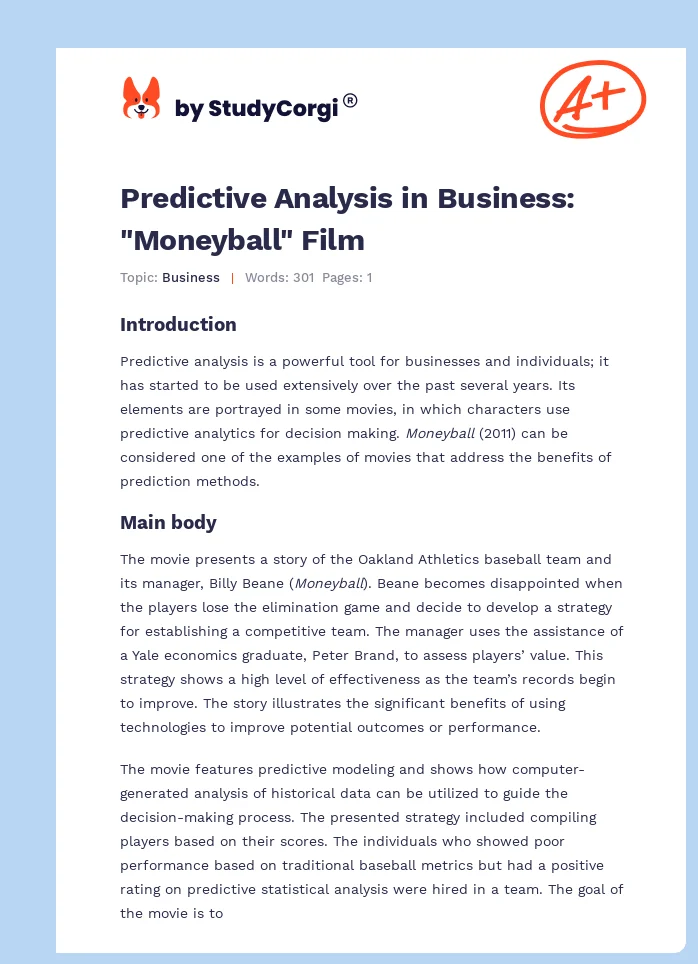Predictive Analysis in Business: "Moneyball" Film. Page 1