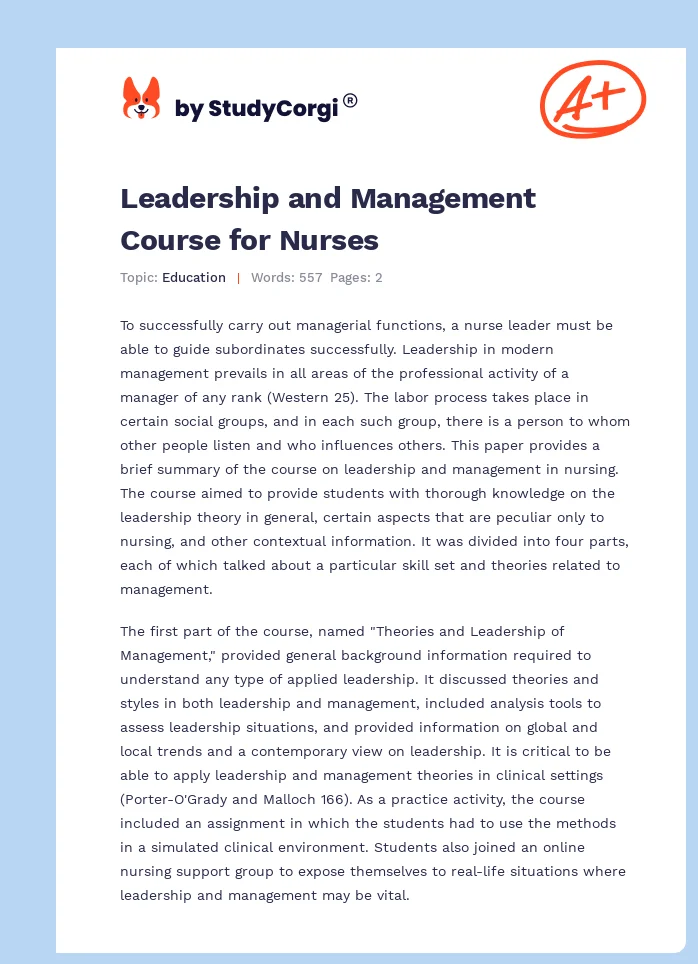 Leadership and Management Course for Nurses. Page 1
