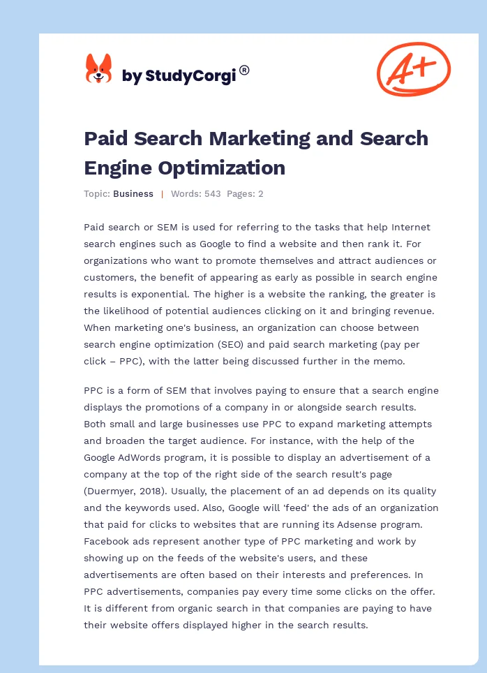 Paid Search Marketing and Search Engine Optimization. Page 1