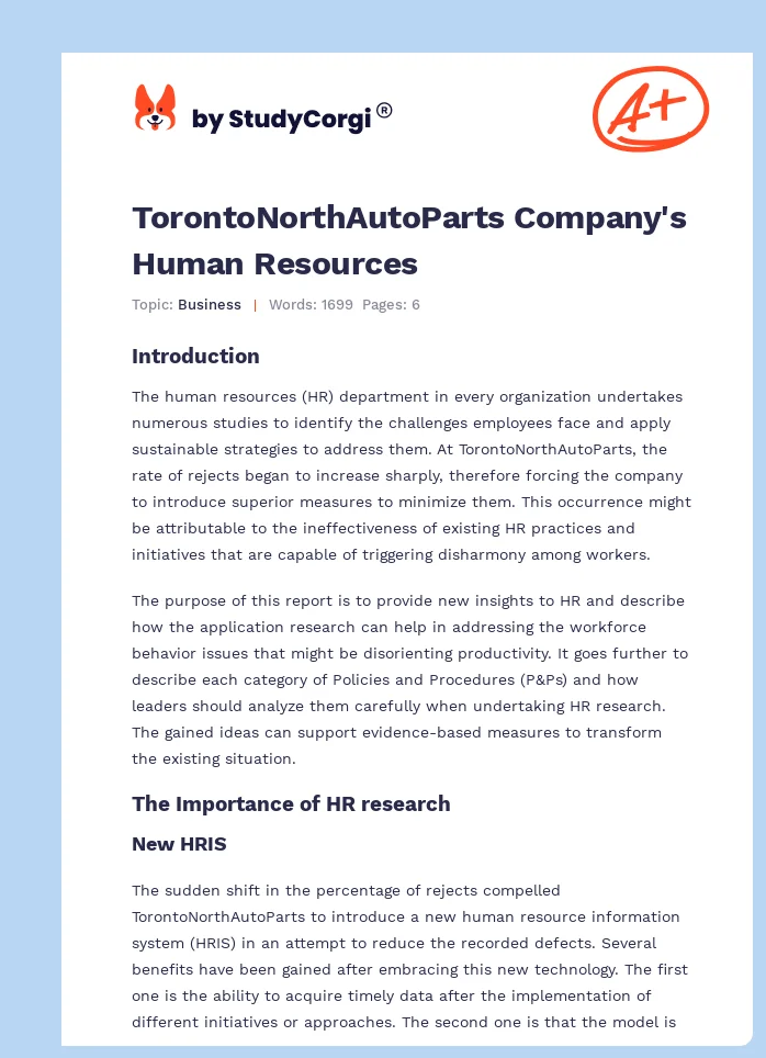 TorontoNorthAutoParts Company's Human Resources. Page 1
