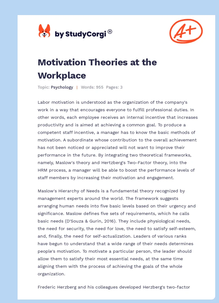 motivation theories in the workplace essay