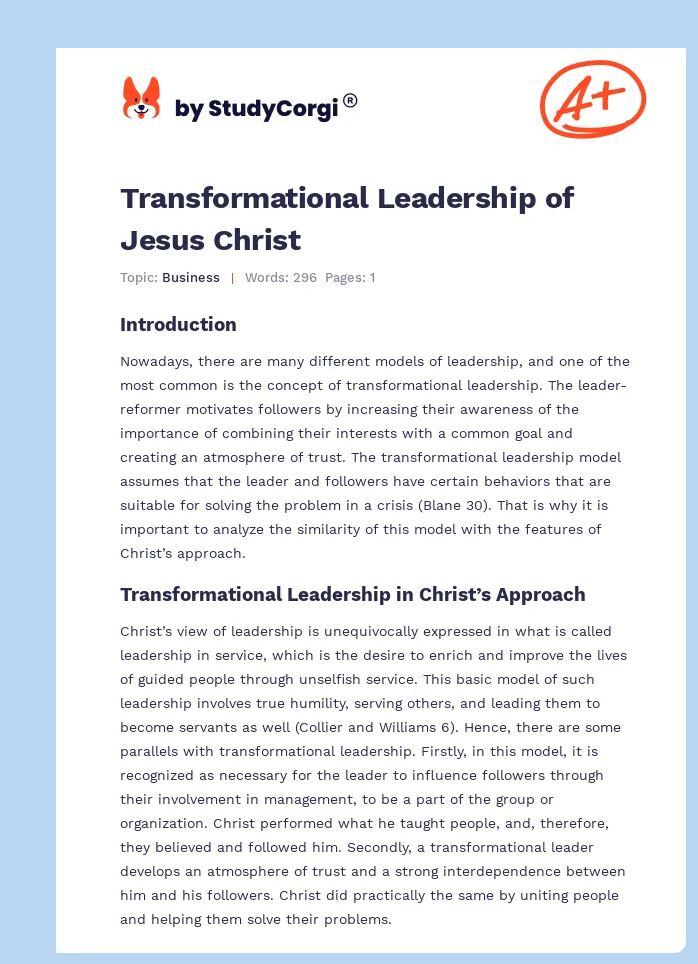 Transformational Leadership of Jesus Christ. Page 1