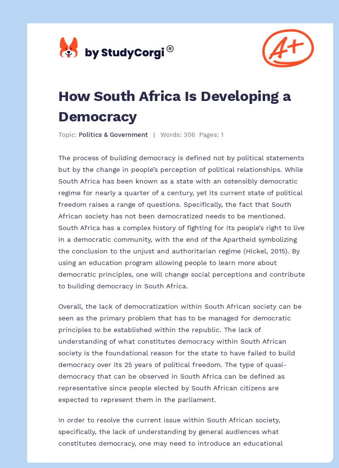 How South Africa Is Developing a Democracy. Page 1