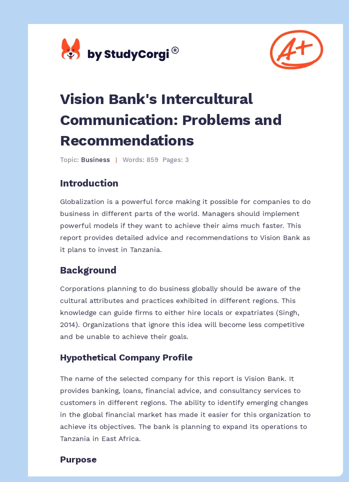 Vision Bank's Intercultural Communication: Problems and Recommendations. Page 1