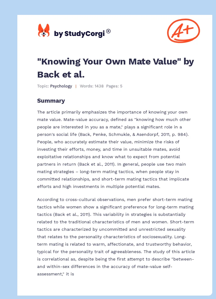 "Knowing Your Own Mate Value" by Back et al.. Page 1