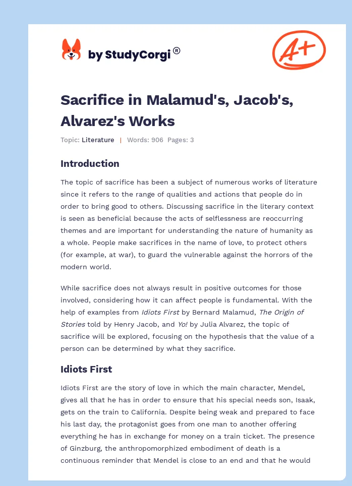 Sacrifice in Malamud's, Jacob's, Alvarez's Works. Page 1
